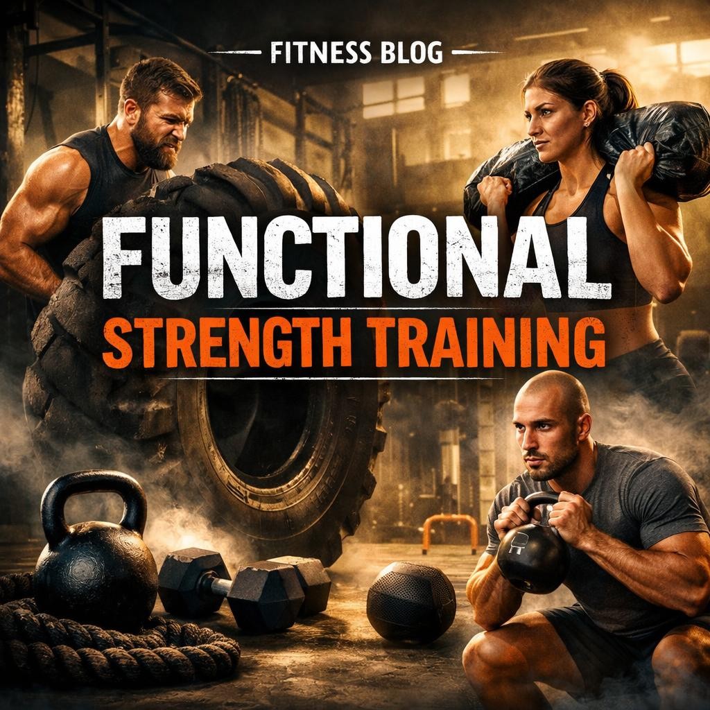 Three people training with a large tire, sandbag, kettlebell, dumbbells, and medicine ball in a dim gym
