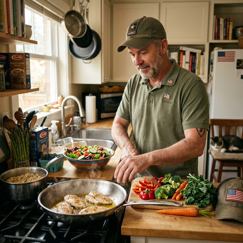 A veteran cooking chicken and chopping fresh vegetables in a kitchen
