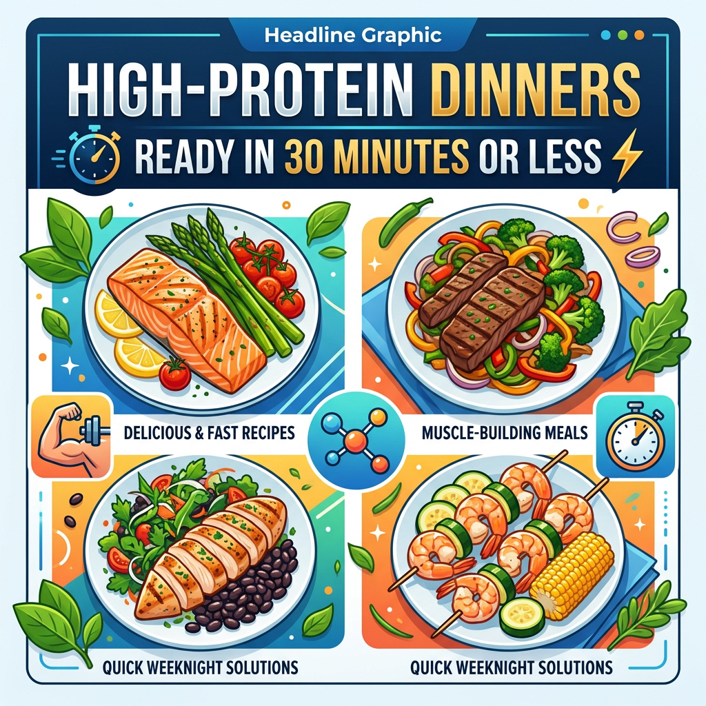 Four plates featuring salmon with asparagus and tomatoes, steak with mixed vegetables, grilled chicken with salad and black beans, and shrimp skewers with corn and zucchini.