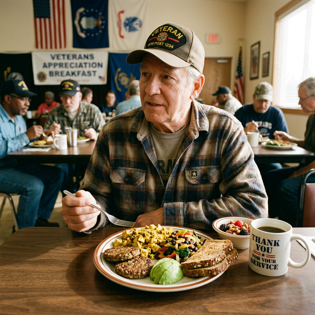 Older man wearing veteran hat and plaid shirt sits at table with breakfast plate and thank you mug