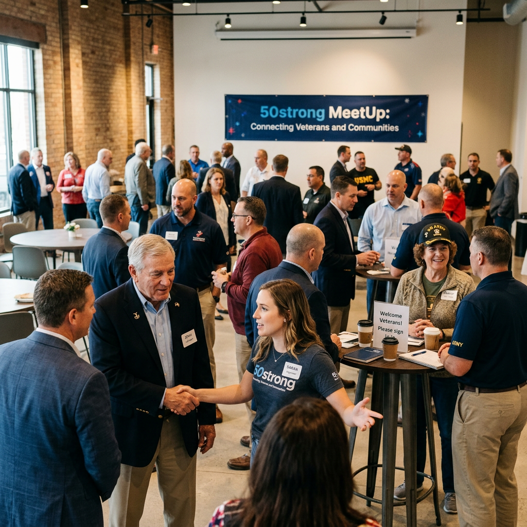 People networking and shaking hands at a veterans meetup with a banner reading '50strong MeetUp: Connecting Veterans and Communities'