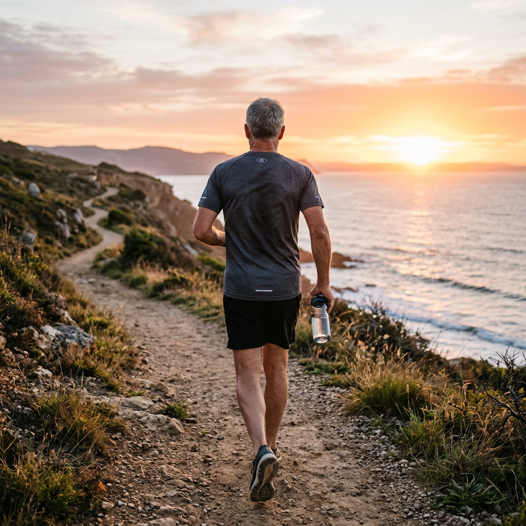 Man jogging on dirt path beside ocean during sunset holding water bottle