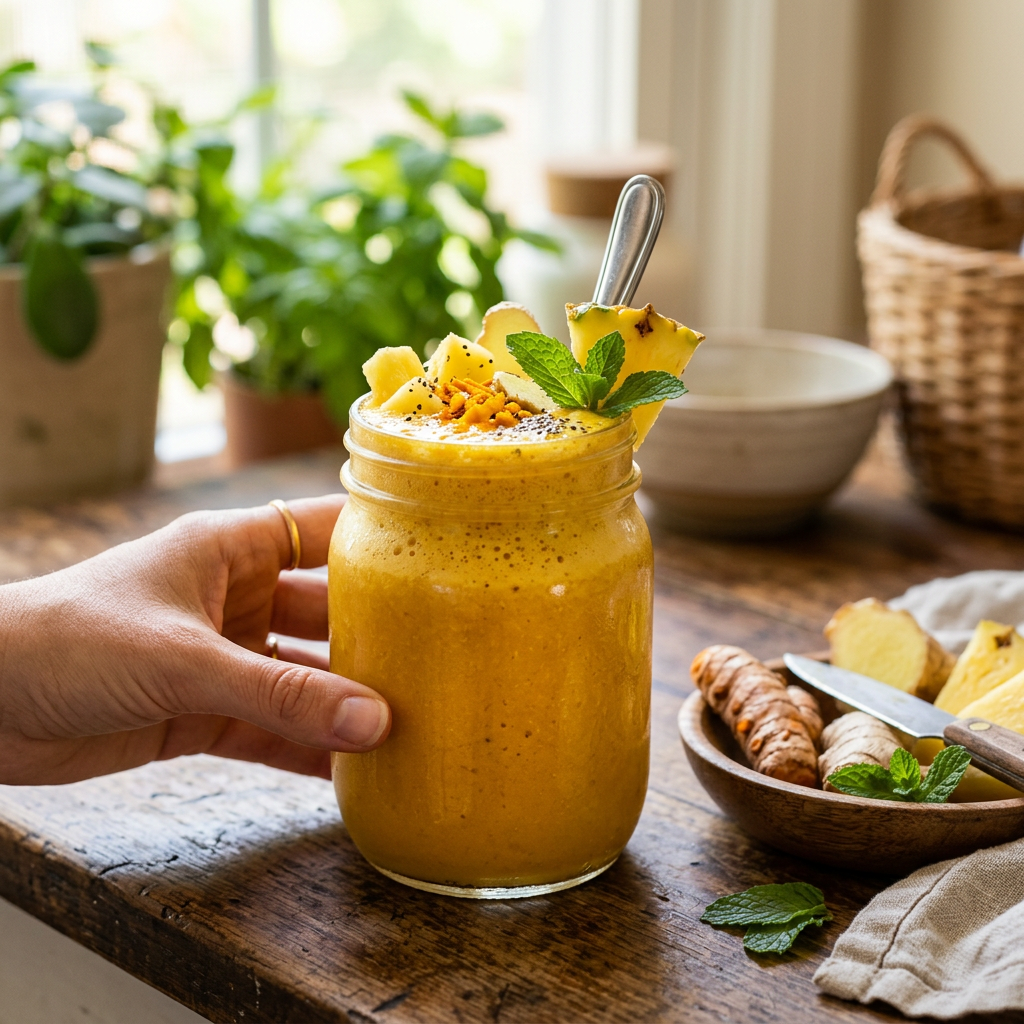 Turmeric smoothie in a glass jar with pineapple pieces and mint garnish