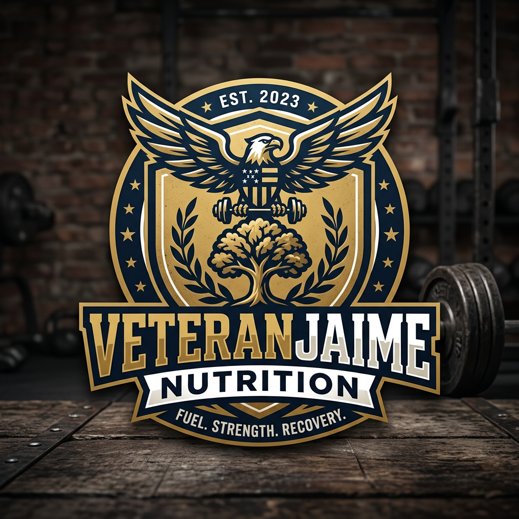 Emblem with eagle holding dumbbell above tree and text Veteran Jaime Nutrition EST. 2023 Fuel Strength Recovery