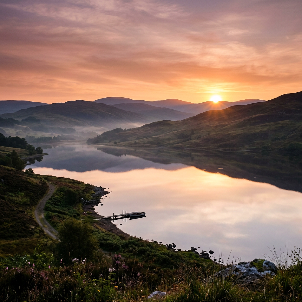 Sun rising over mountain lake with calm water reflecting the sky