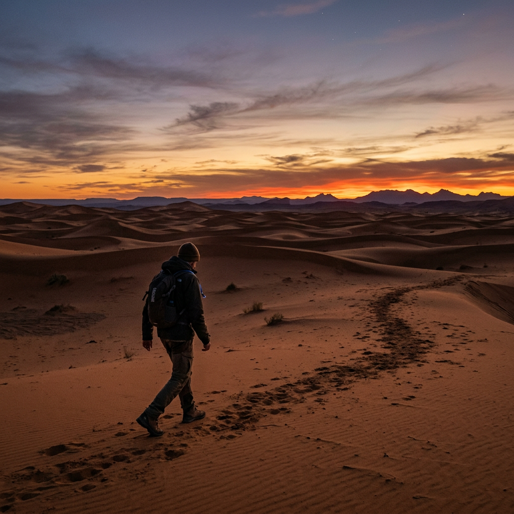 Person walking through sand dunes at sunset leaving footprints