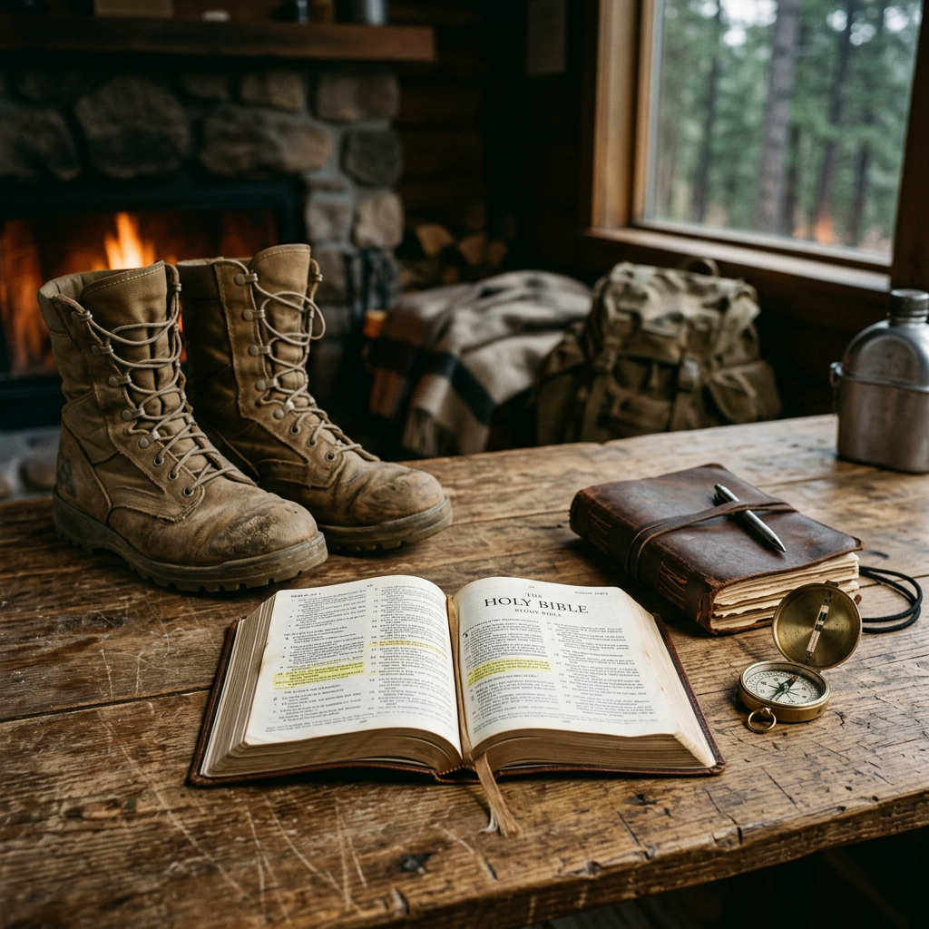 Open Holy Bible beside hiking boots, journal, compass, and canteen