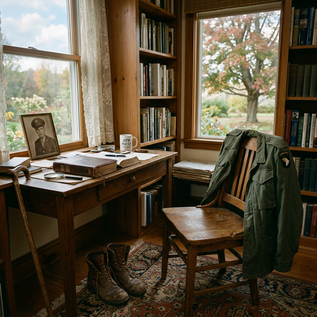 Book-lined study with military portrait, jacket, boots, and garden view