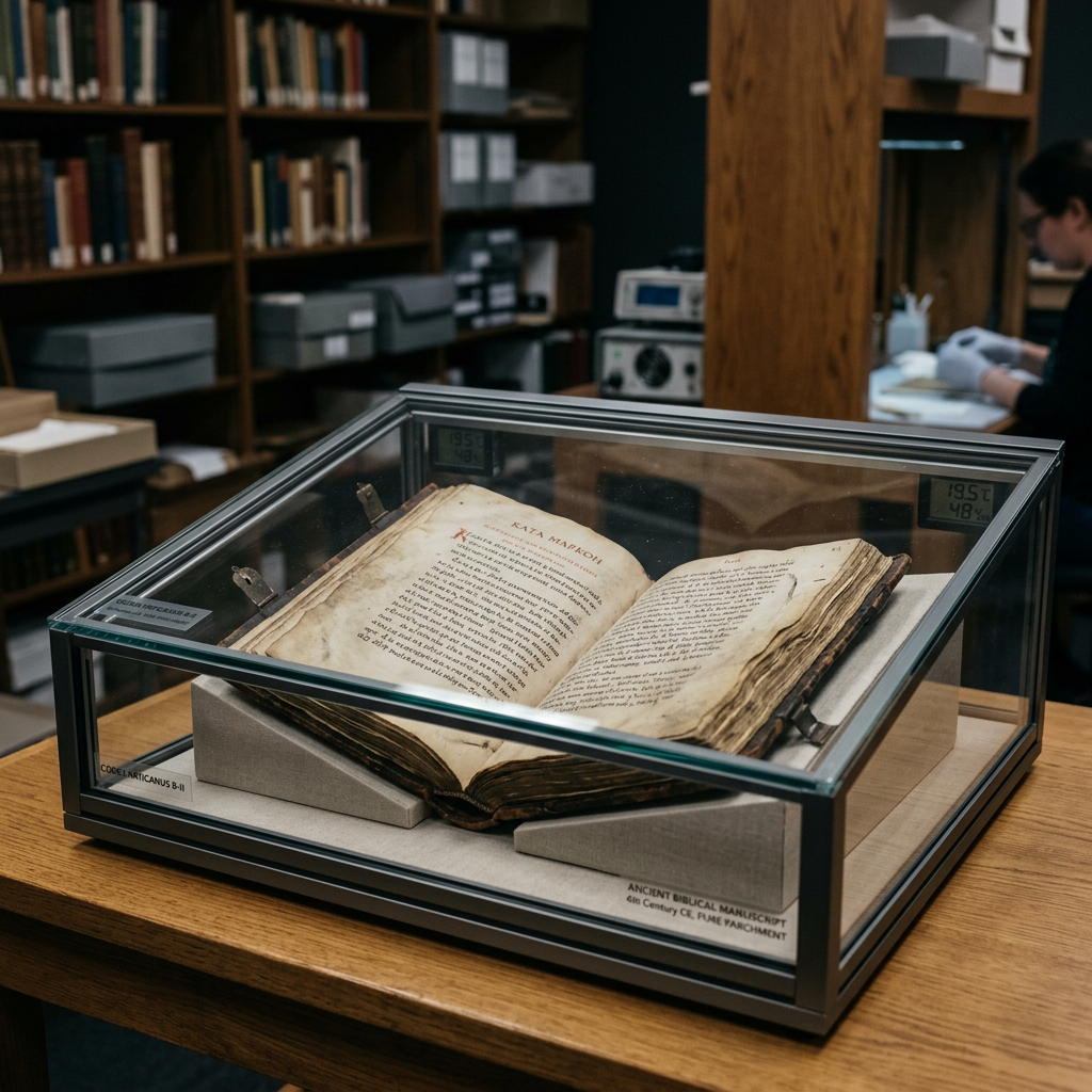 Open ancient biblical manuscript displayed in a glass case