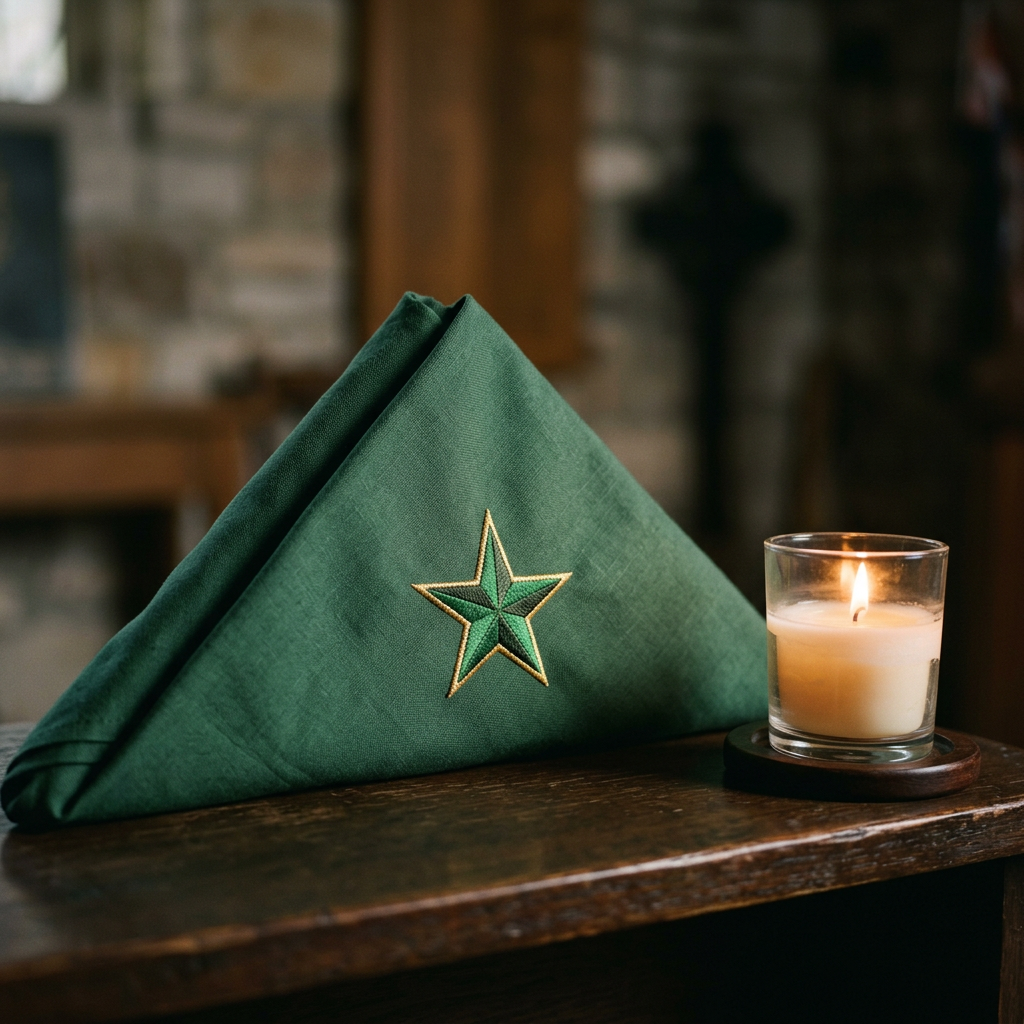 Folded green napkin with embroidered star beside a lit candle